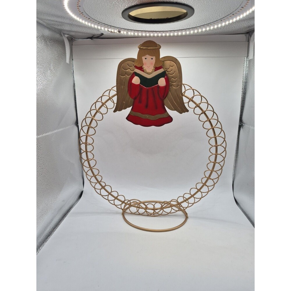 Vintage Angel Christmas Card Holder Wreath Gold Metal Holiday Display Stand